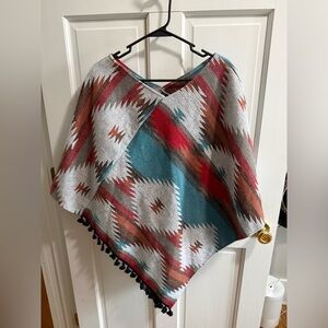 SHEIN Southwestern Fringe Poncho in Teal, Red, Rust XL Like New